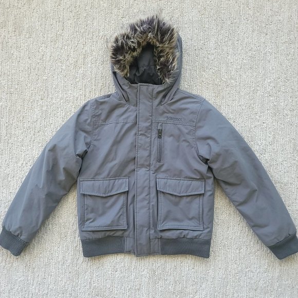 Marmot Stonehaven Bomber Winter Jacket Coat Gray Faux Fur Kids Youth L 10-12